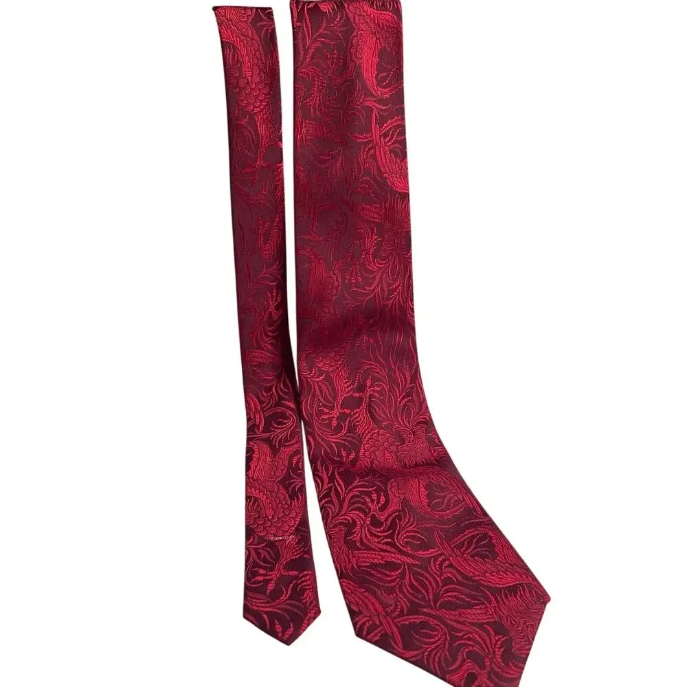 Vtg Necktie ERNST SF Union wide burgundy/red brocade floral/dragon design